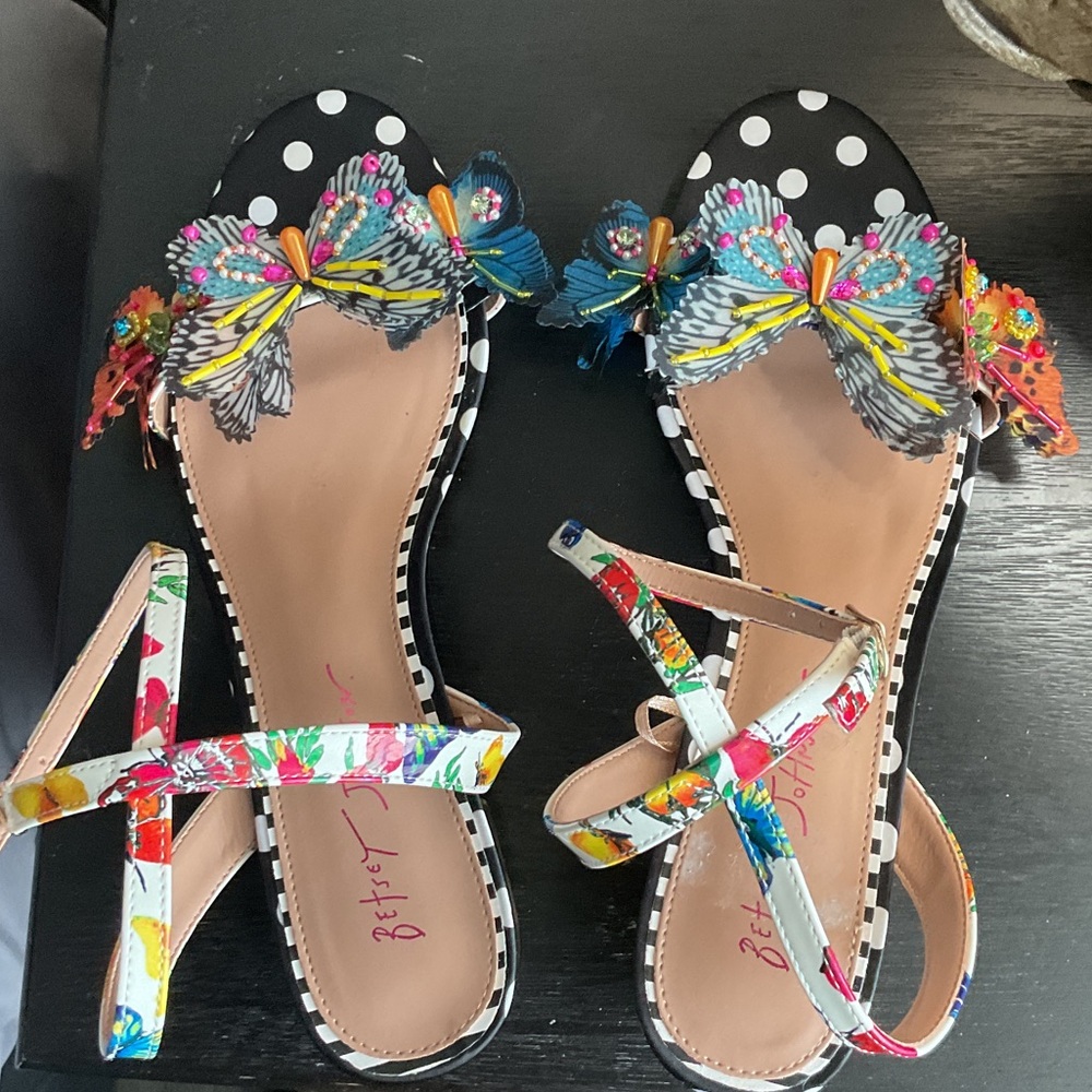 Betsey Johnson Black and White Polka Dot Sandals with Colorful Bow